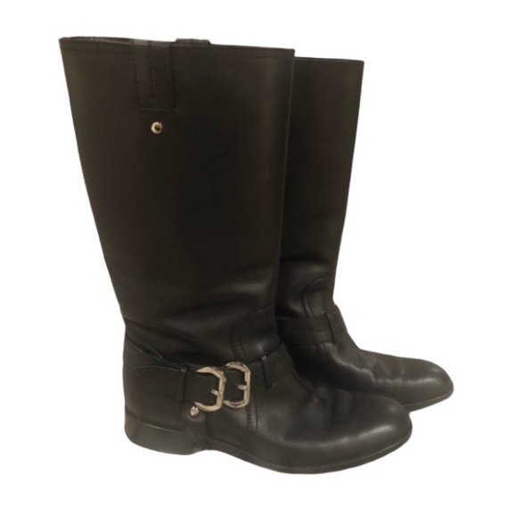 DIOR Black Leather Tall Moto Boots with Silver Designer Logo Buckles - Picture 4 of 10